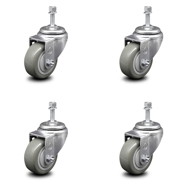 3 Inch Gray Polyurethane Wheel Swivel 3/8 Inch Threaded Stem Caster Set SCC